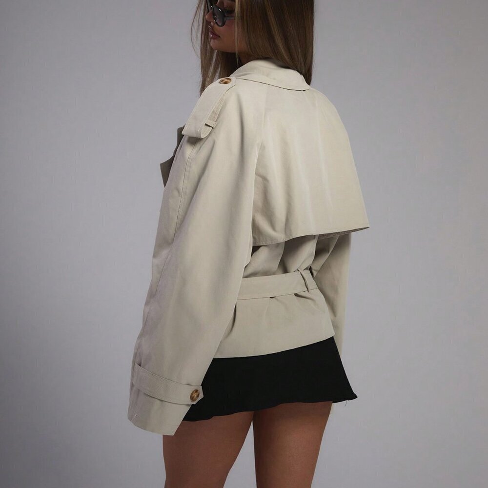 Casual Women's Oversized Tie Waist Short Trench Coat - Picture 3 of 5